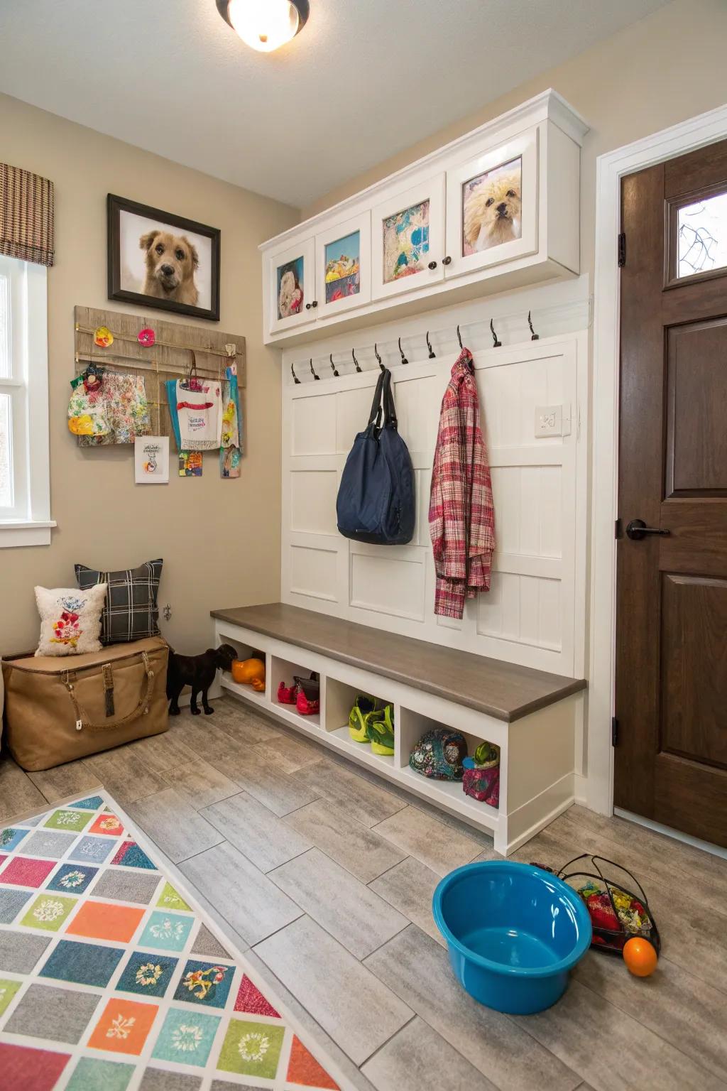 Thin material flooring is a useful option for busy family mudrooms.