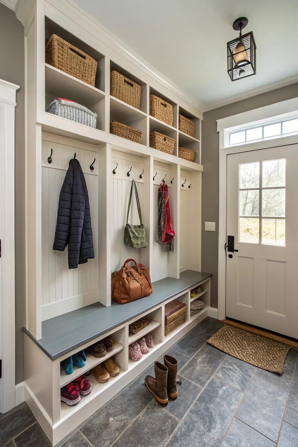 A mudroom designed as a mini-closet, providing generous storage.
