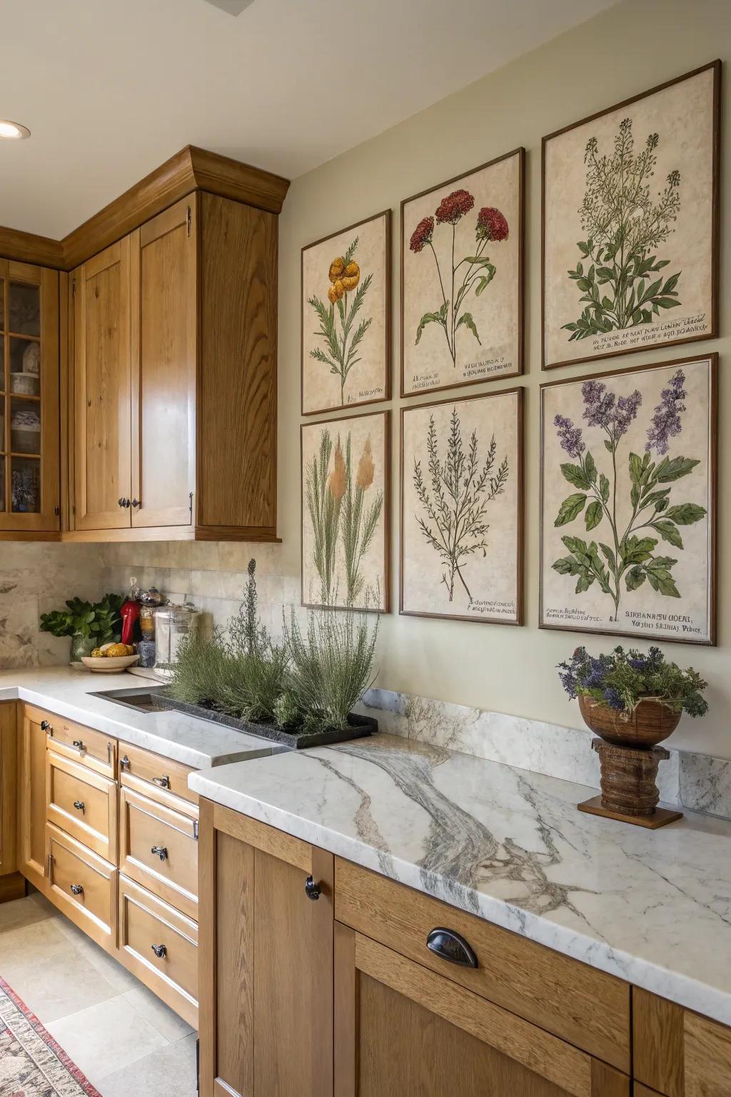 This refreshing botanical herb series spans a set of canvases, infusing the kitchen with natural freshness.