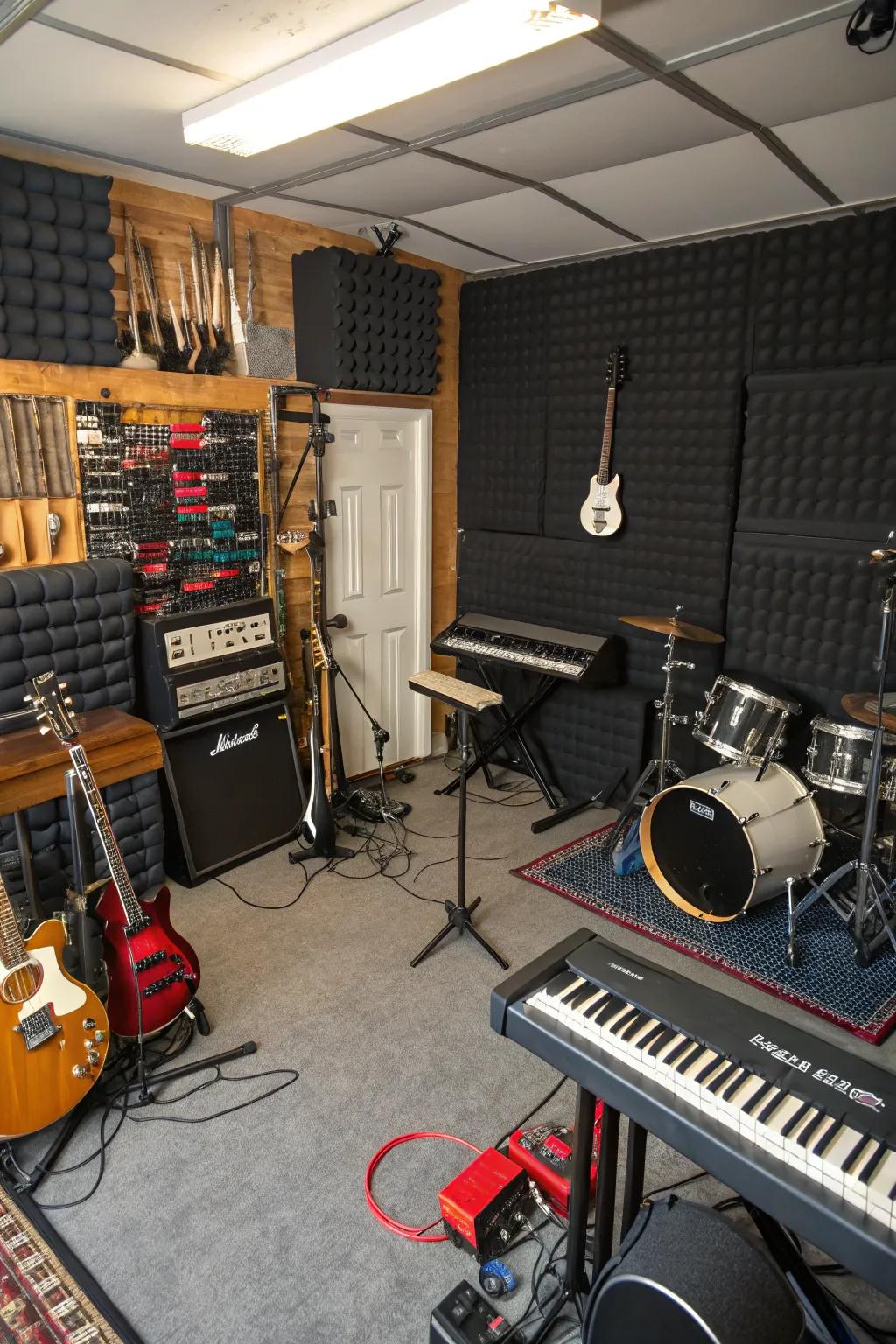 A garage converted into a soundproof music studio.