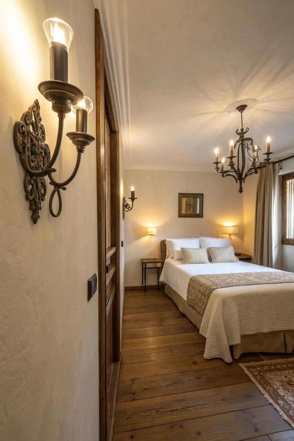 Wall-mounted sconces augment illumination while conserving floor space in a slender bedroom.