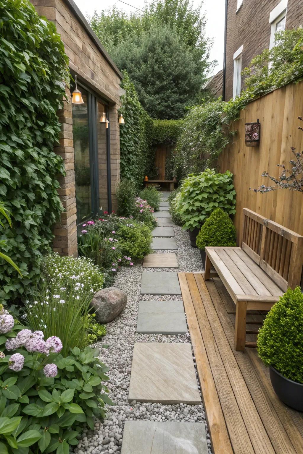 A blend of compositions appends feel and fascination to a narrow garden.