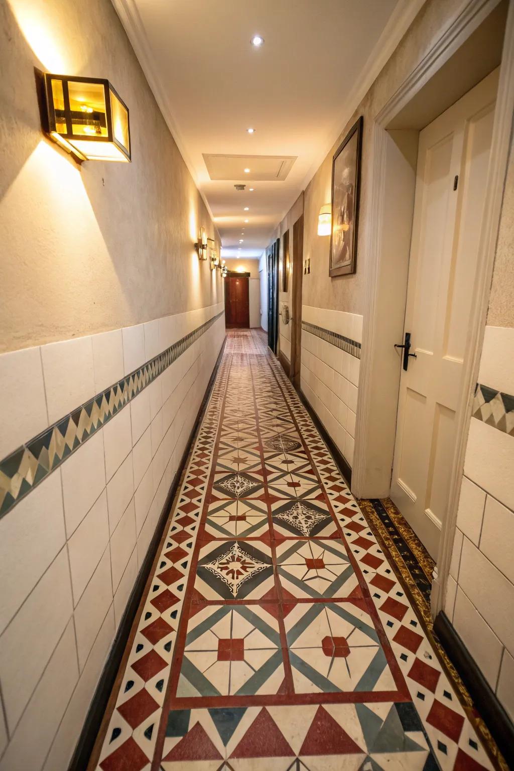Strong ground surface makes a striking visual assertion in a restricted hallway.