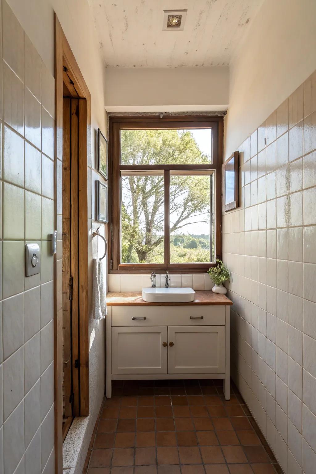 Natural light improves openness and warmth in small bathrooms.
