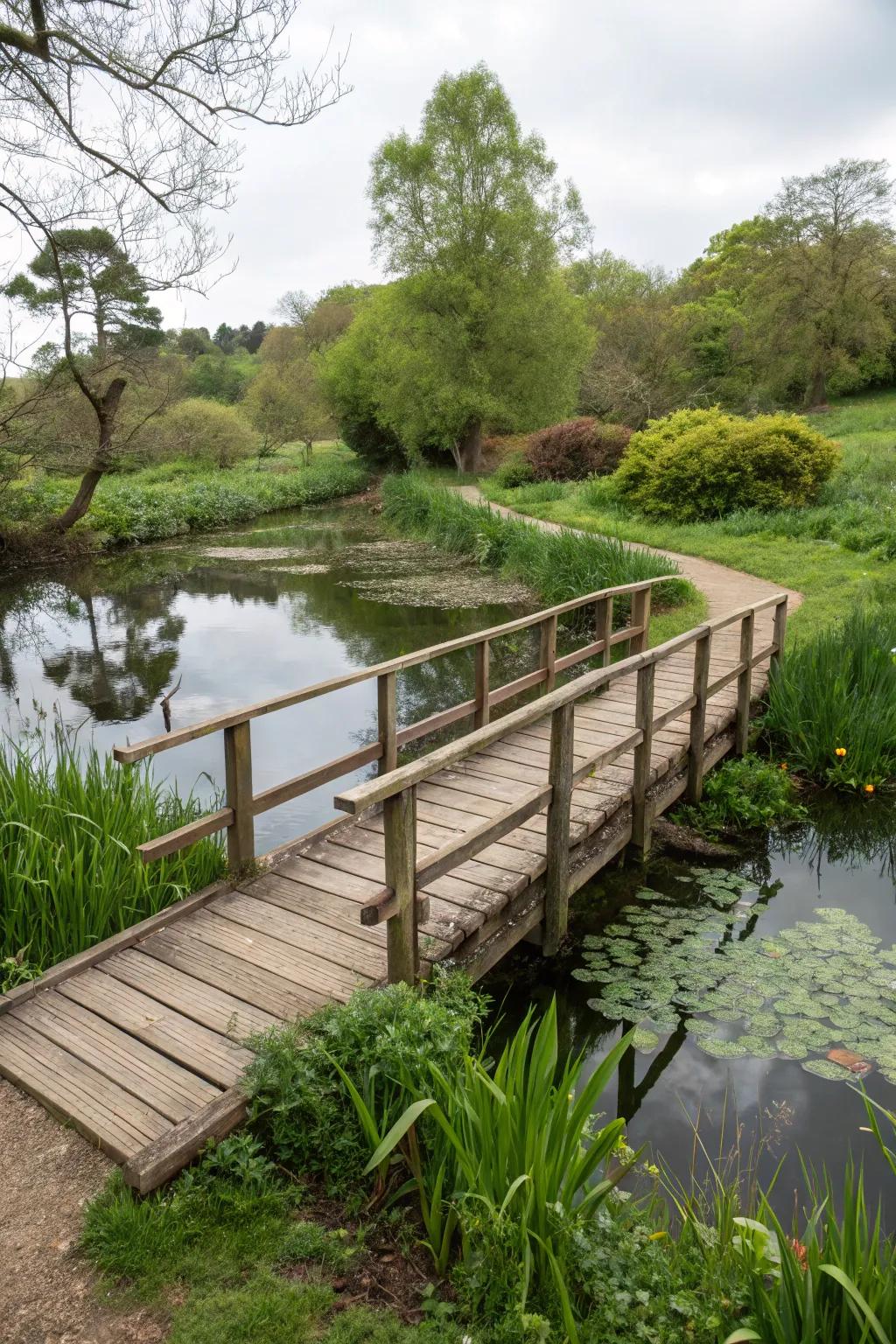 A charming overpass appending individuality and function to a pond tableau.