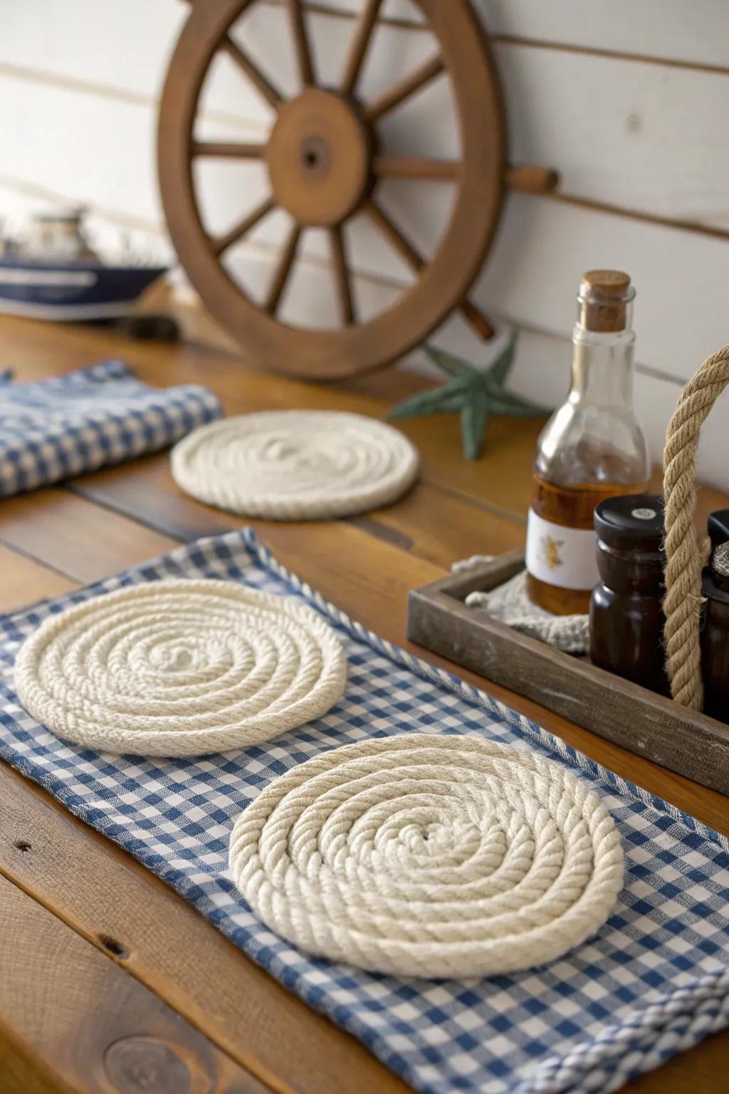 Rope coasters bring a rustic element to nautical decor.