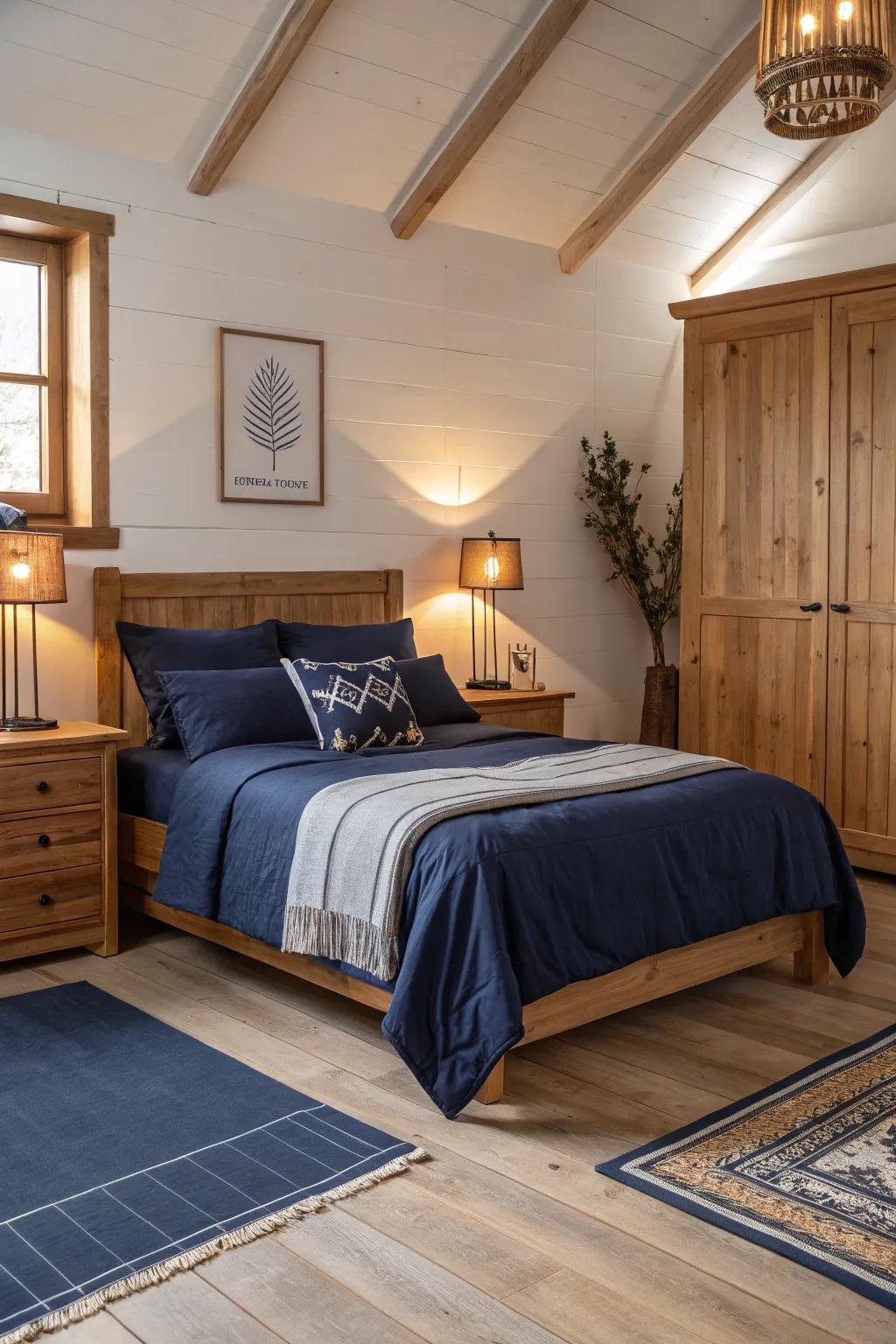 Generate warmth by combining sea blue with natural wood elements.