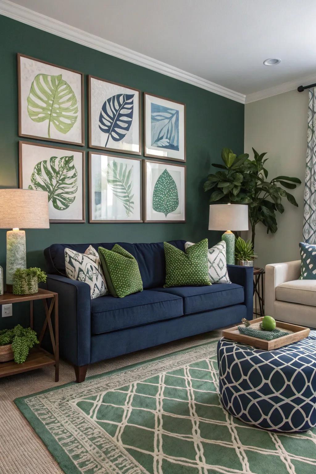 Art pieces effectively complement the deep and verdant theme.