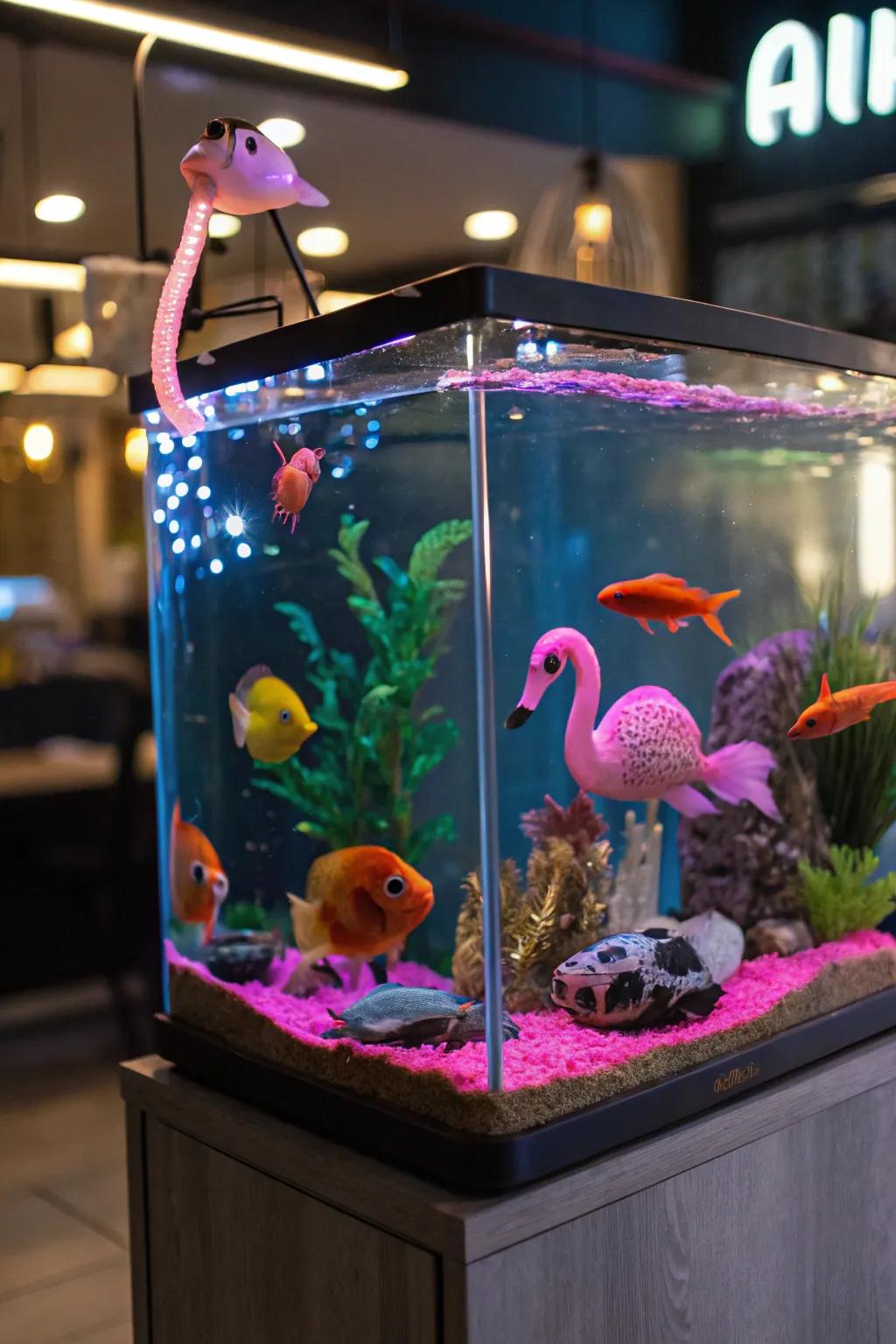 Radiant trinkets craft a playful and unique aquarium arrangement.