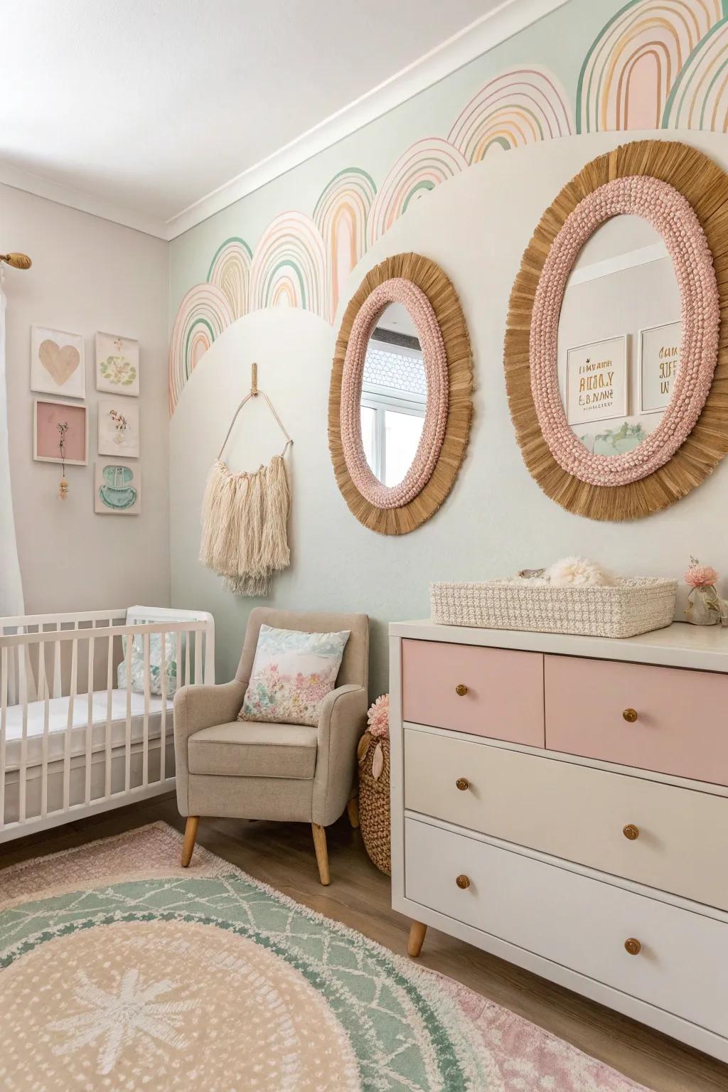 Pastel-colored reflector frames harmonize perfectly with this nursery's decor.