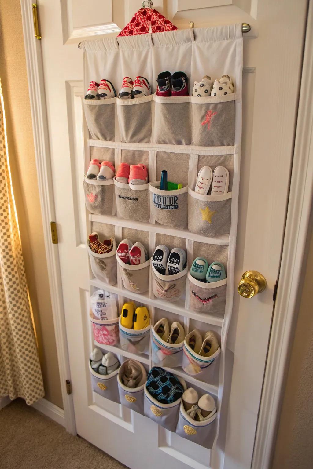 Innovative use of a footwear organizer for storing baby essentials in the nursery.