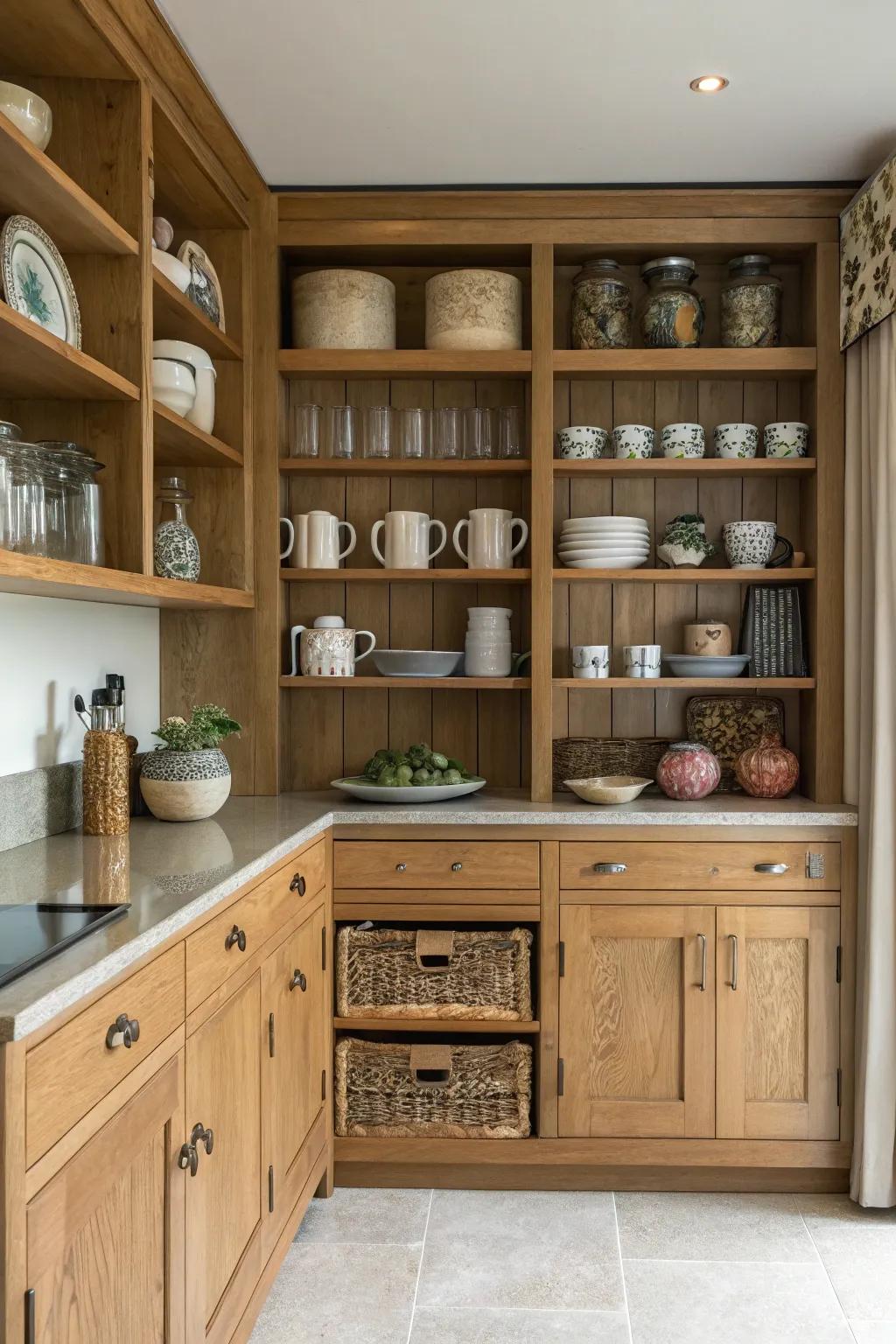 Uncovered shelving imparts a unique and airy sensation to oak kitchens.
