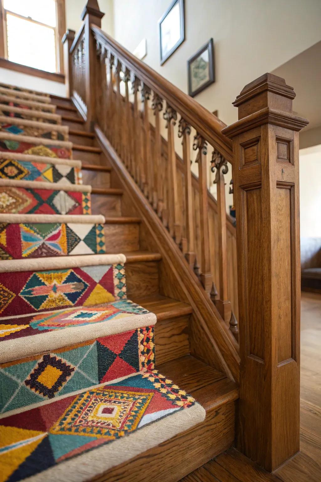 A vibrant step mat incorporating warmth and style to an oak stairwell.