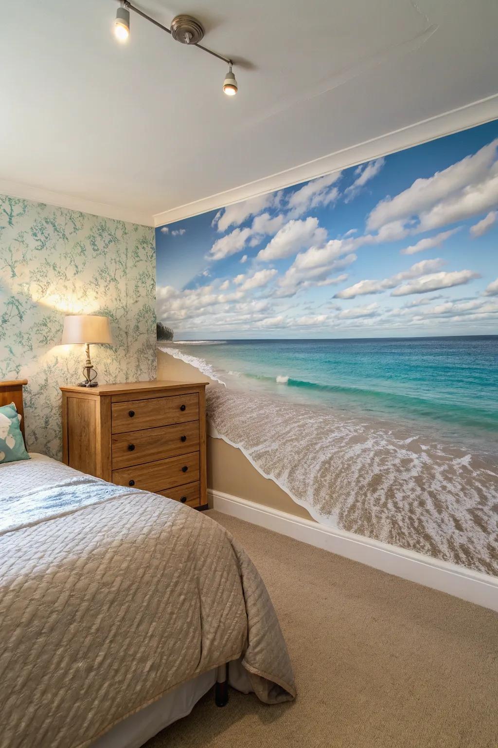 A beach mural transforms your wall into a picturesque window to the ocean.