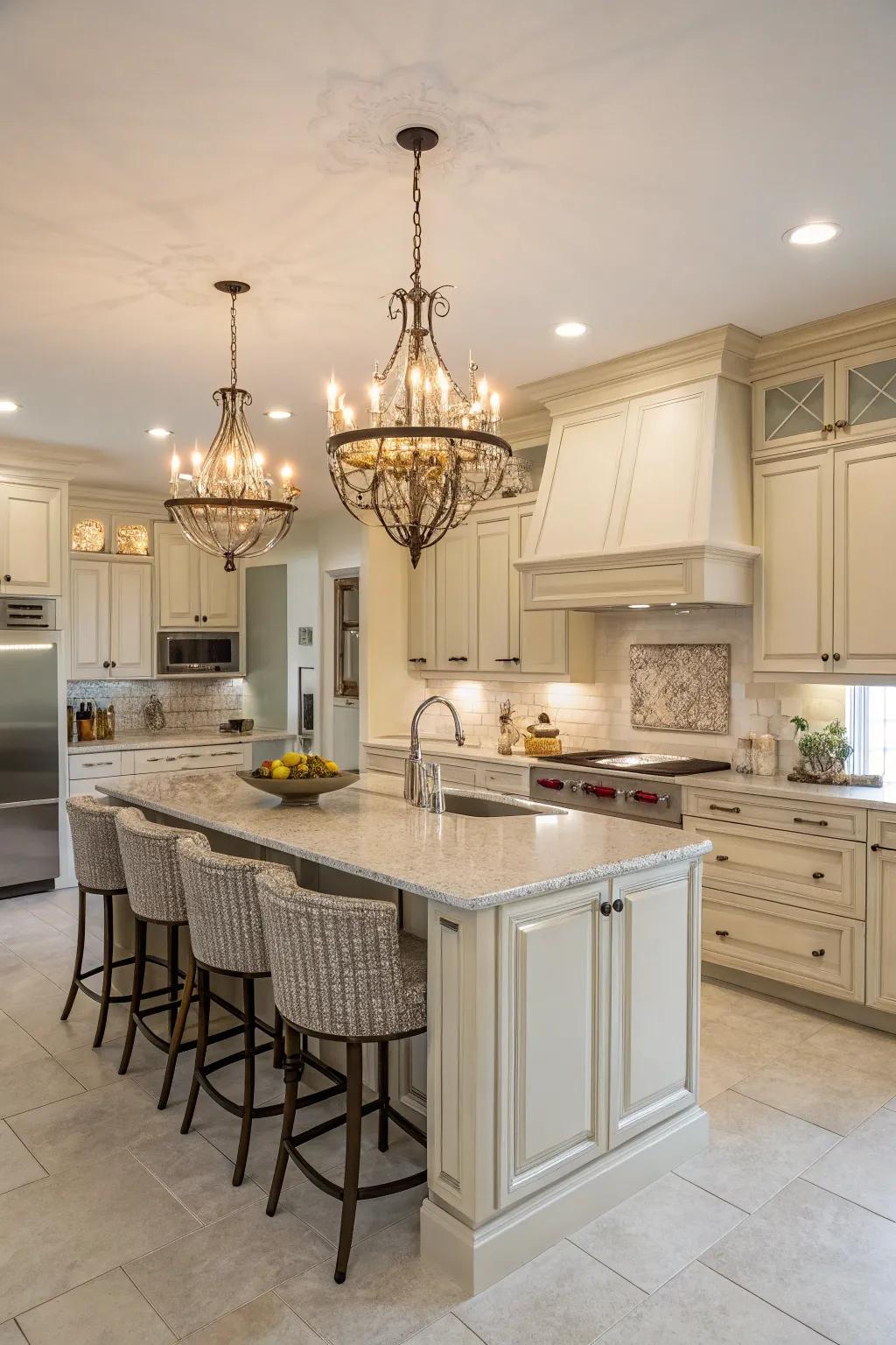 Lighting fixtures impart personality to kitchen spaces.