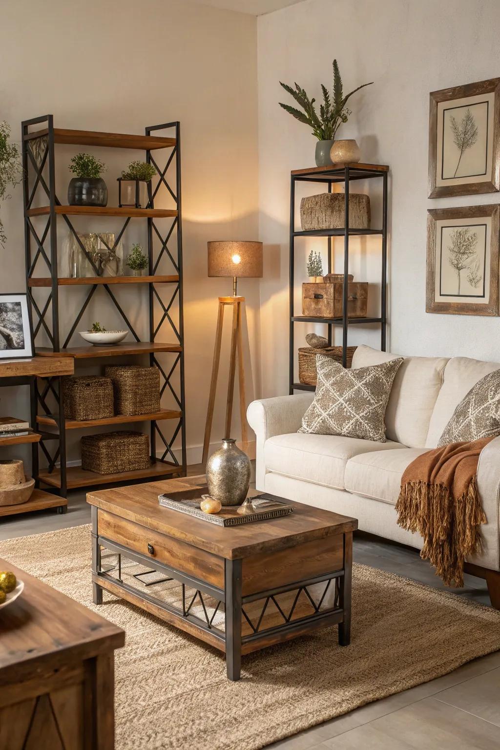 Accent pieces add warmth and balance to an off-white space.
