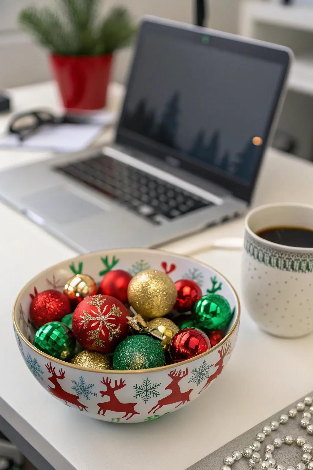 A bowl of ornaments serves as a remarkable festive focal point.