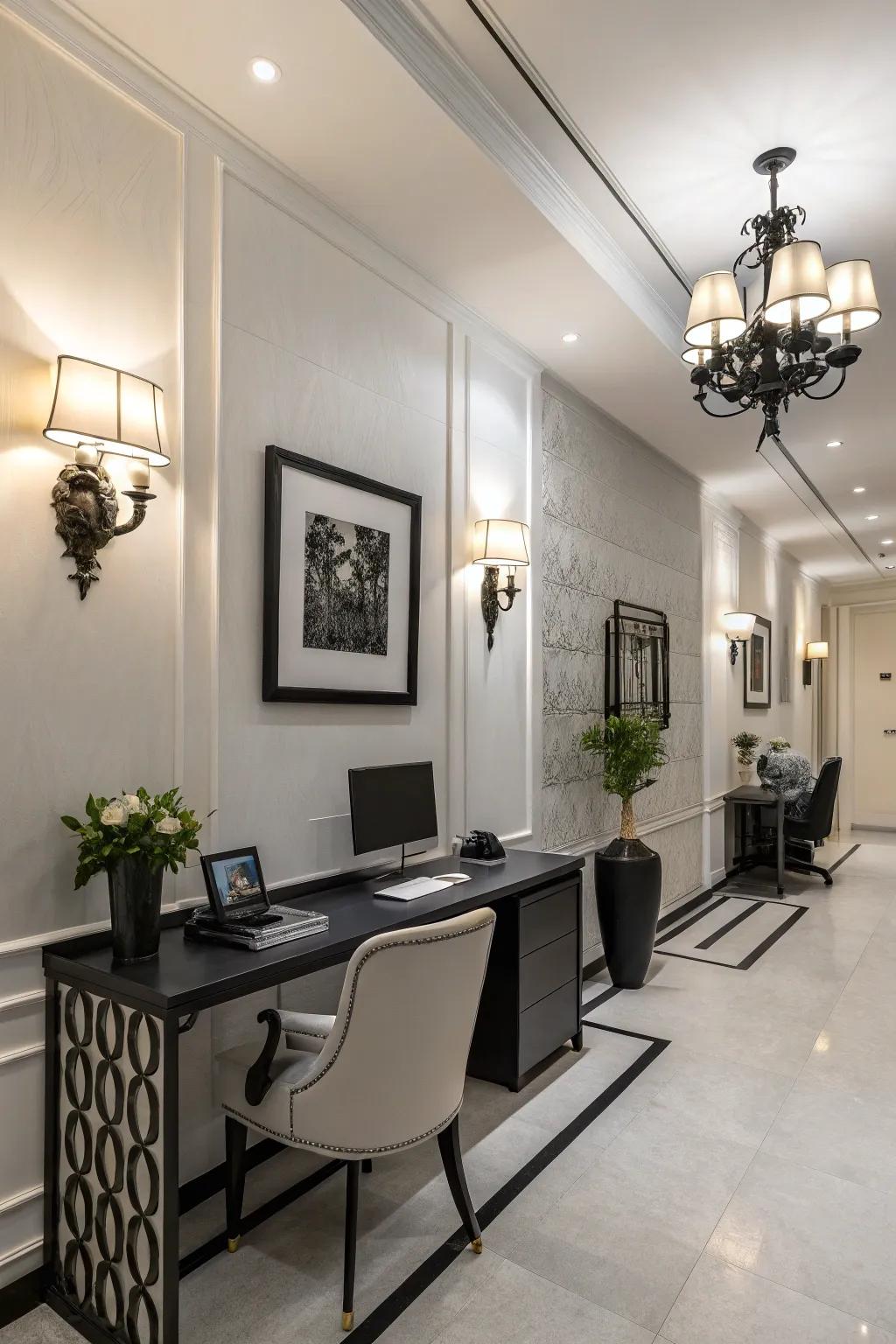 Black and white wall lights creating a striking contrast in the office.
