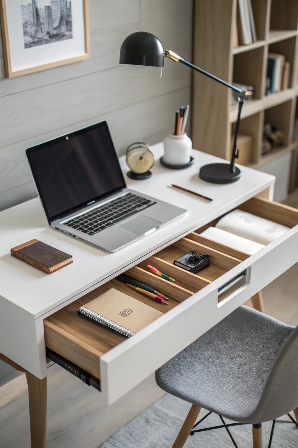 Hidden storage helps your office look organized and minimalist.