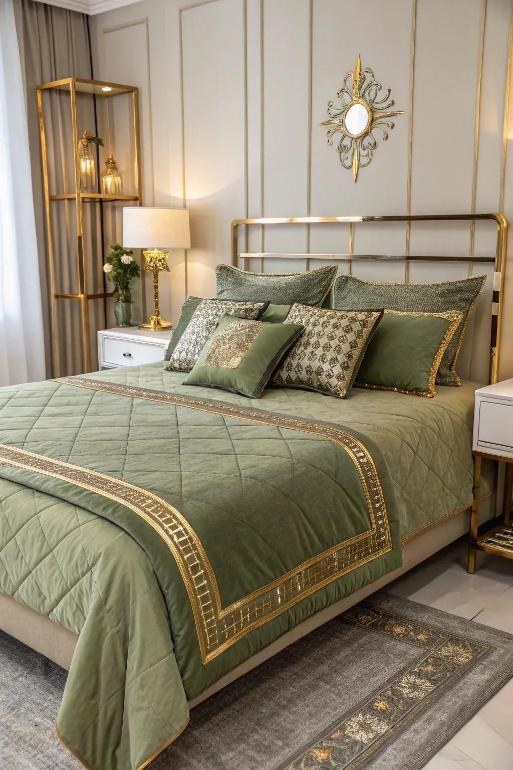Gold details enhance the sophisticated style of olive green bedding.