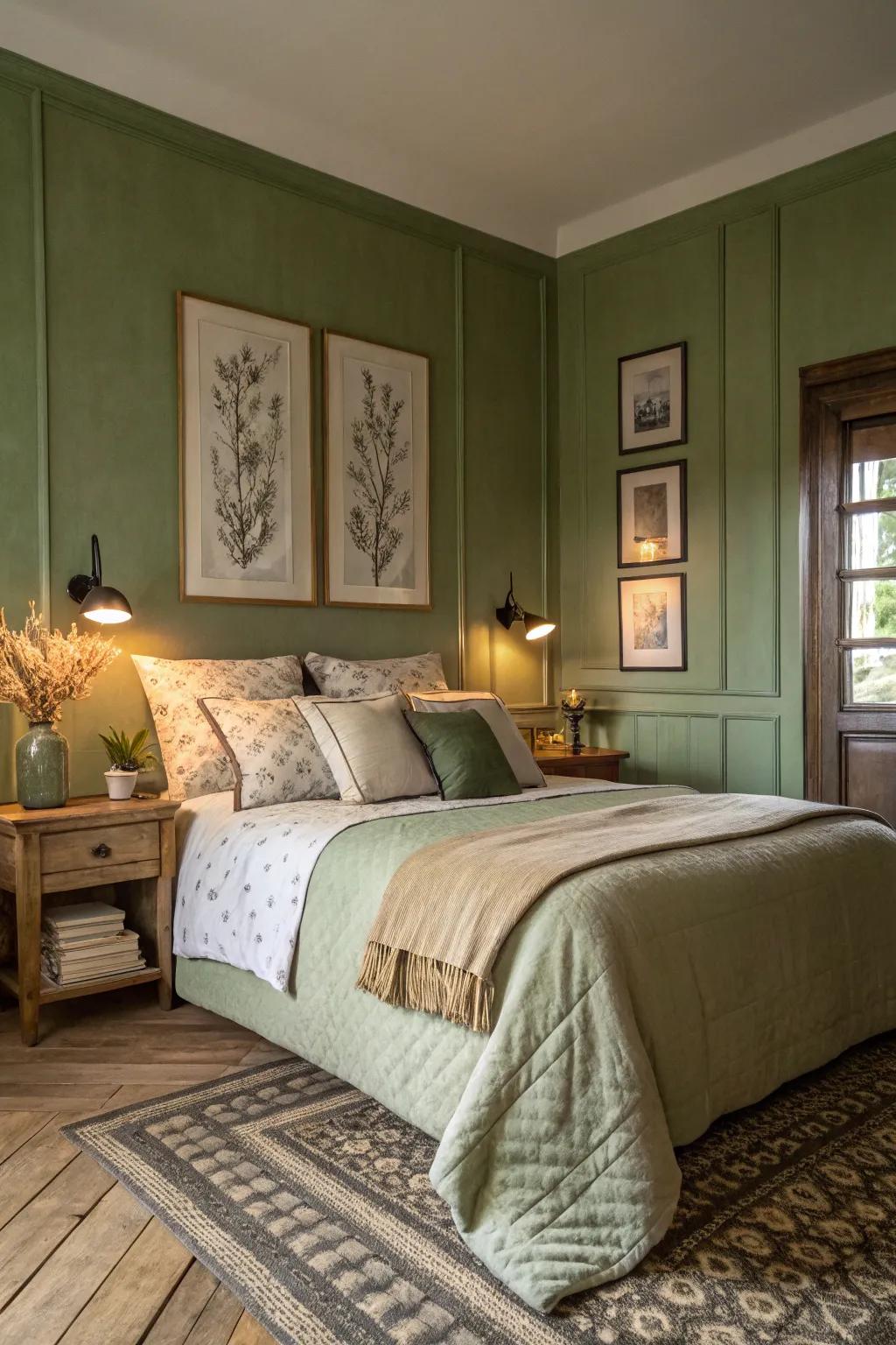 A tranquil bedroom oasis accentuated by calming verdant olive partitions.