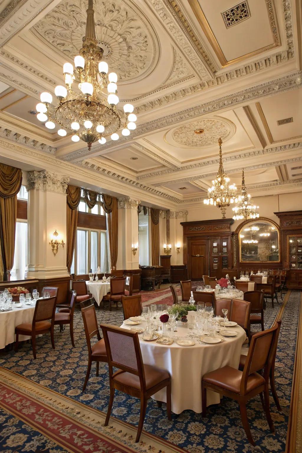 An elegant dining space with sunken panels adding sophistication.