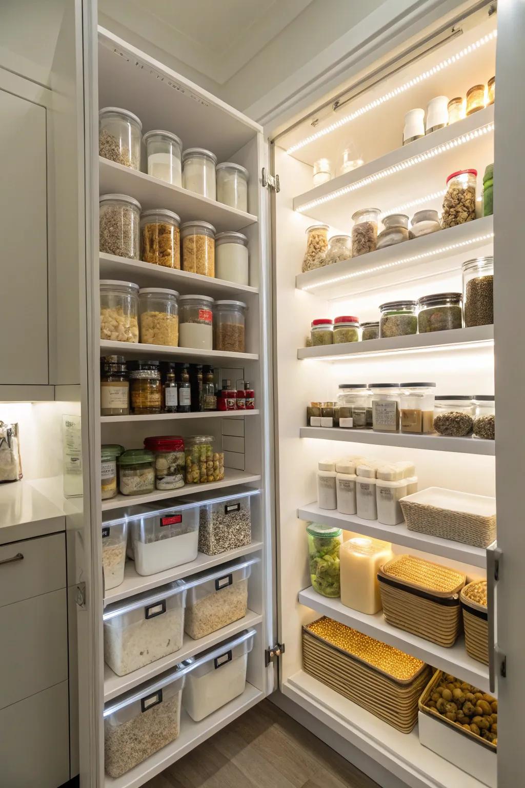 LED lighting under shelves enhances visibility and decor.