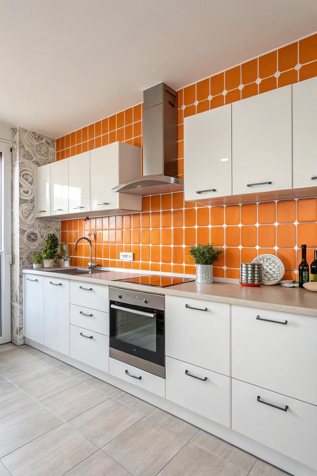 A playful tangerine and ivory splashback adds flair to a modern culinary area.