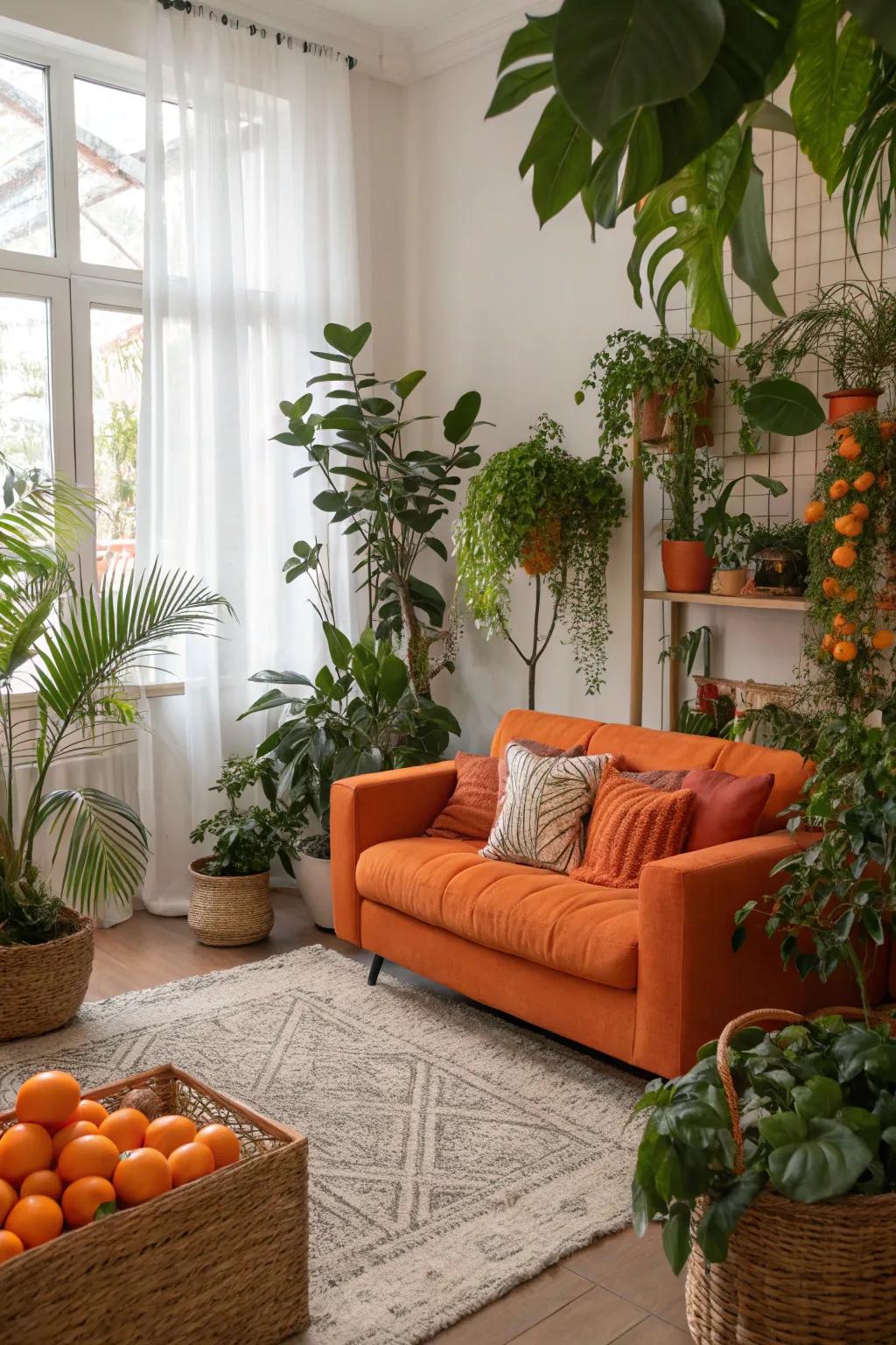 A lounge featuring orange d&eacute;cor and organic details like plants.