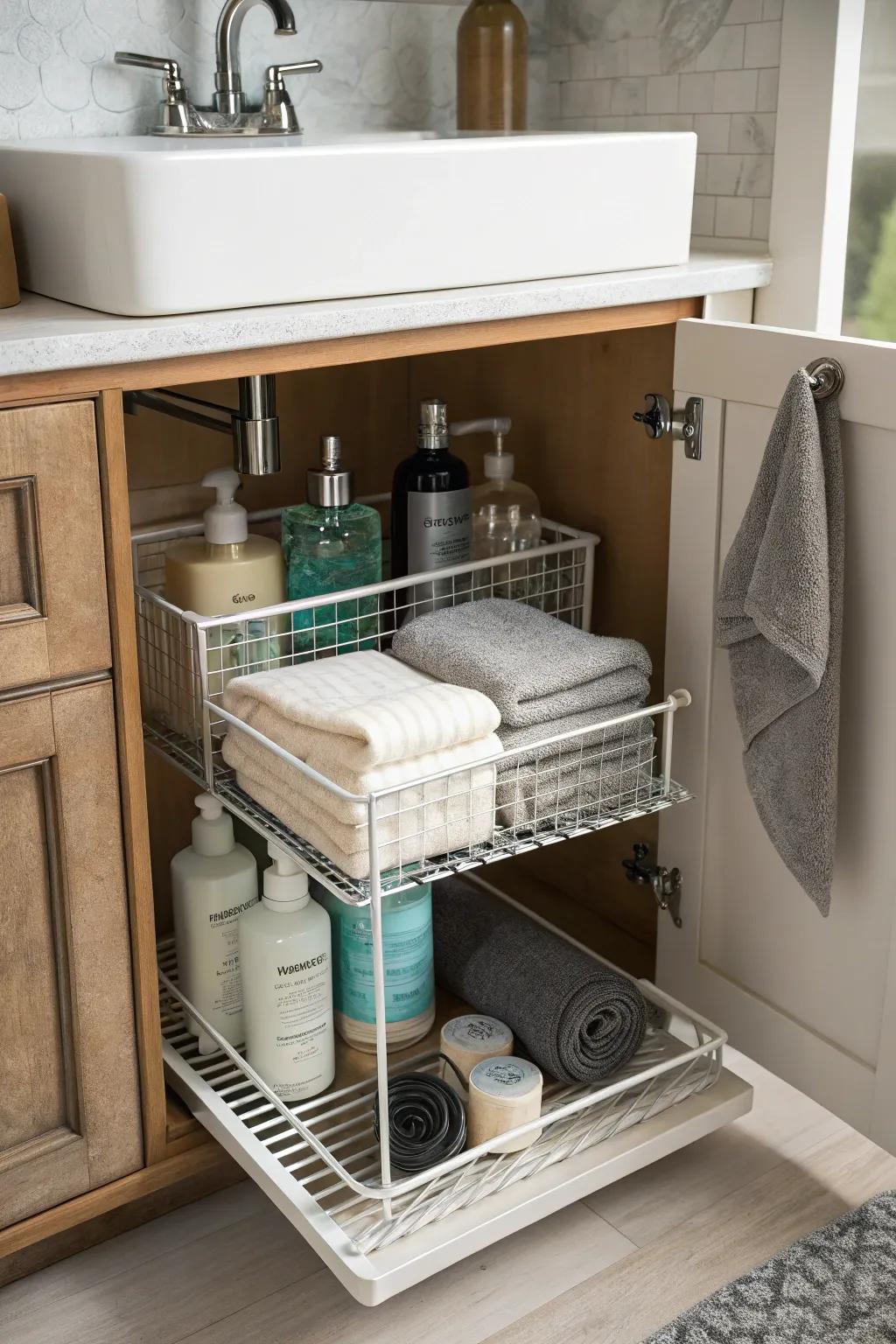 Wire shelves offer adjustable, breathable storage solutions.