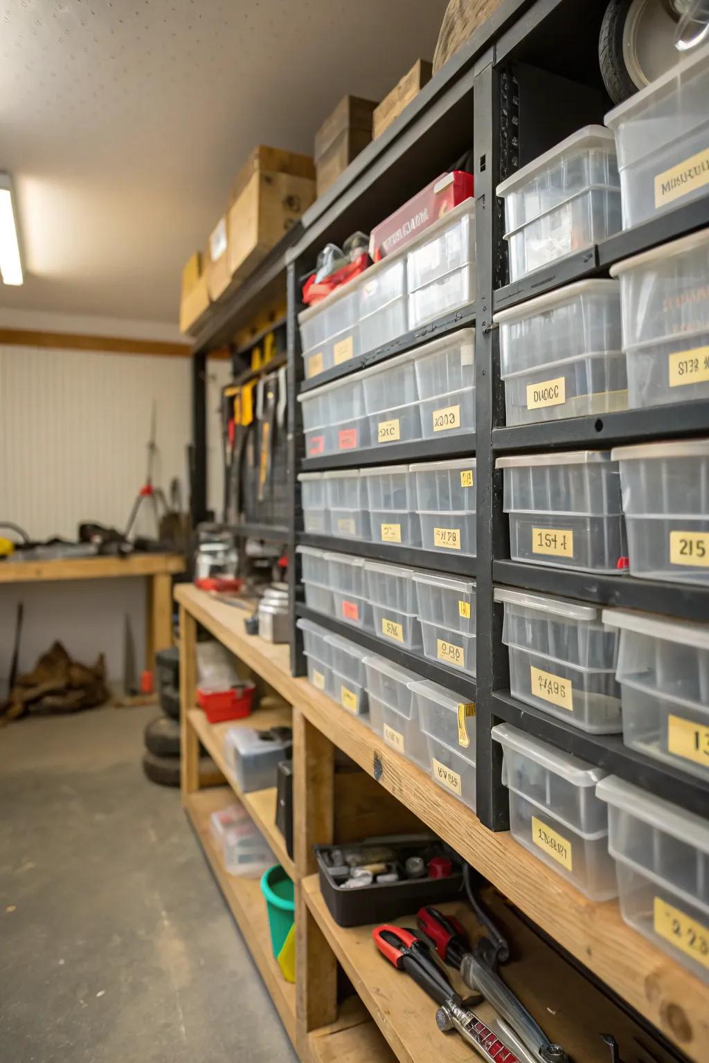 Clear bins and tags optimize garage shelf organization