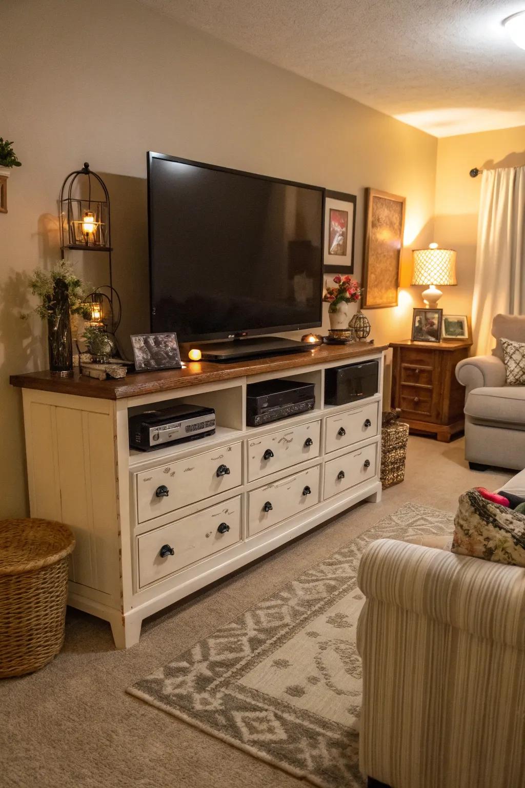 Using a dresser as a media center gets you more storage space.