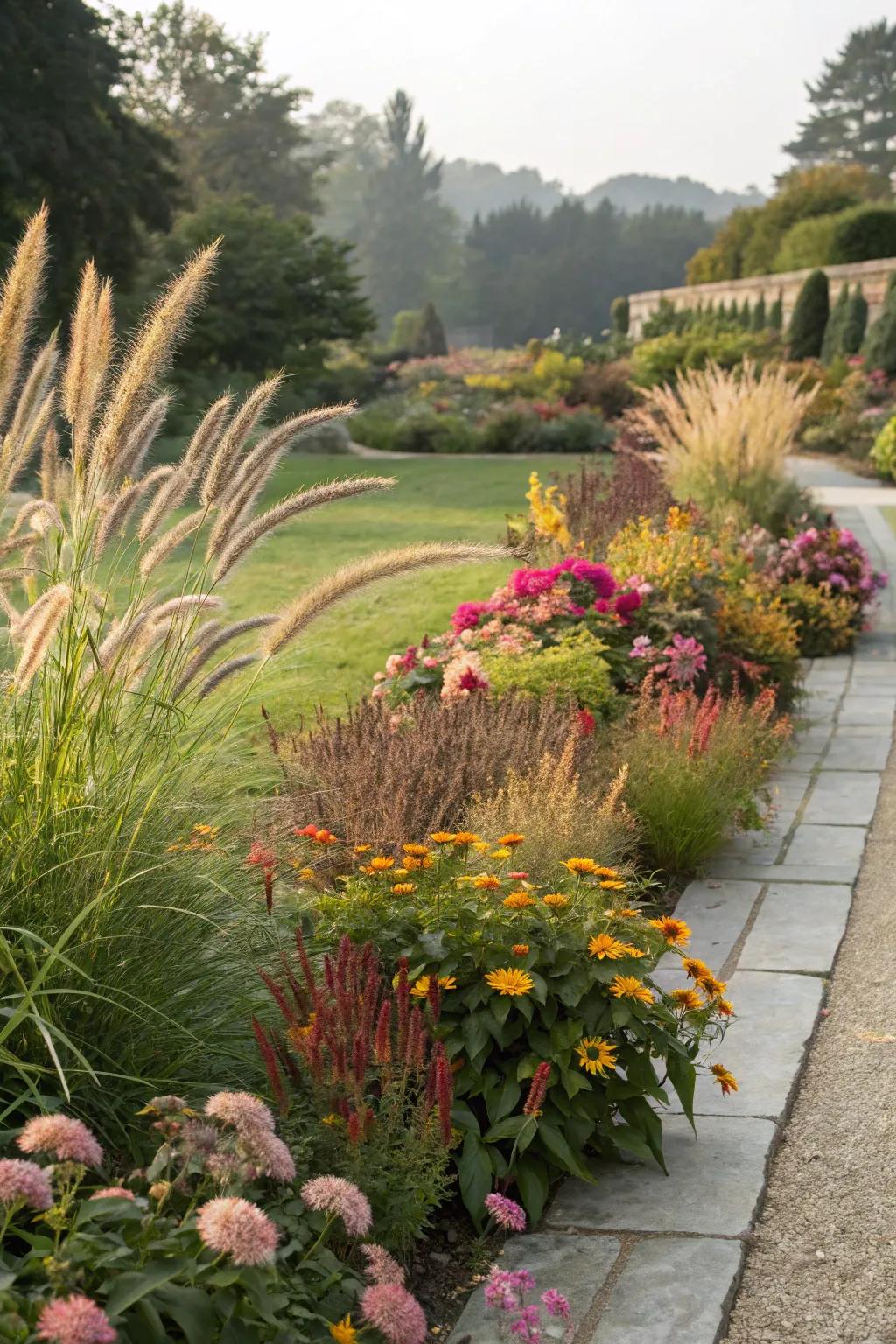 Ornamental grasses paired with flowering plants offer vibrant contrasts.