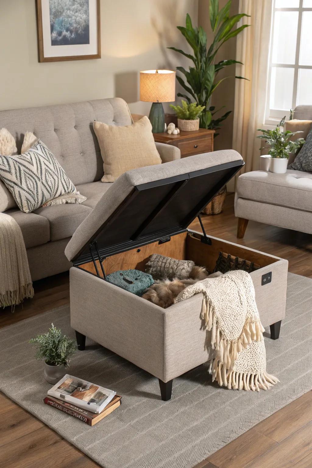 An ottoman with hidden storage for a clutter-free space.