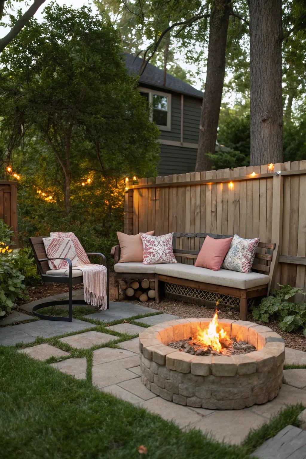 Warm evenings encircling a firepit with a welcoming bench.