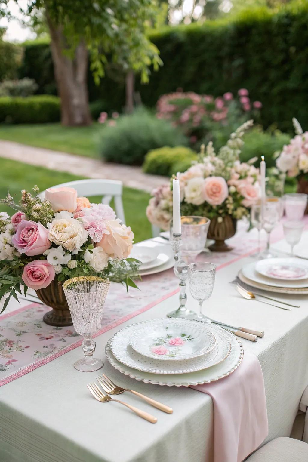 Stylish tableware and also soft pastels create a classy setting.