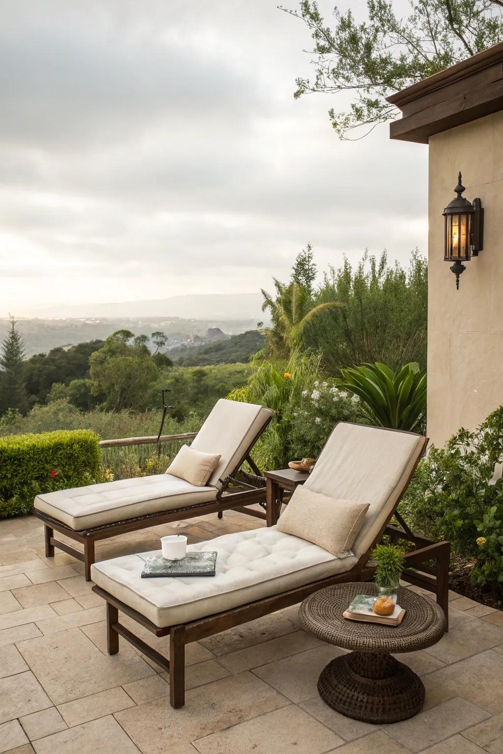 Longue chairs provide a luxurious spot for relaxation.
