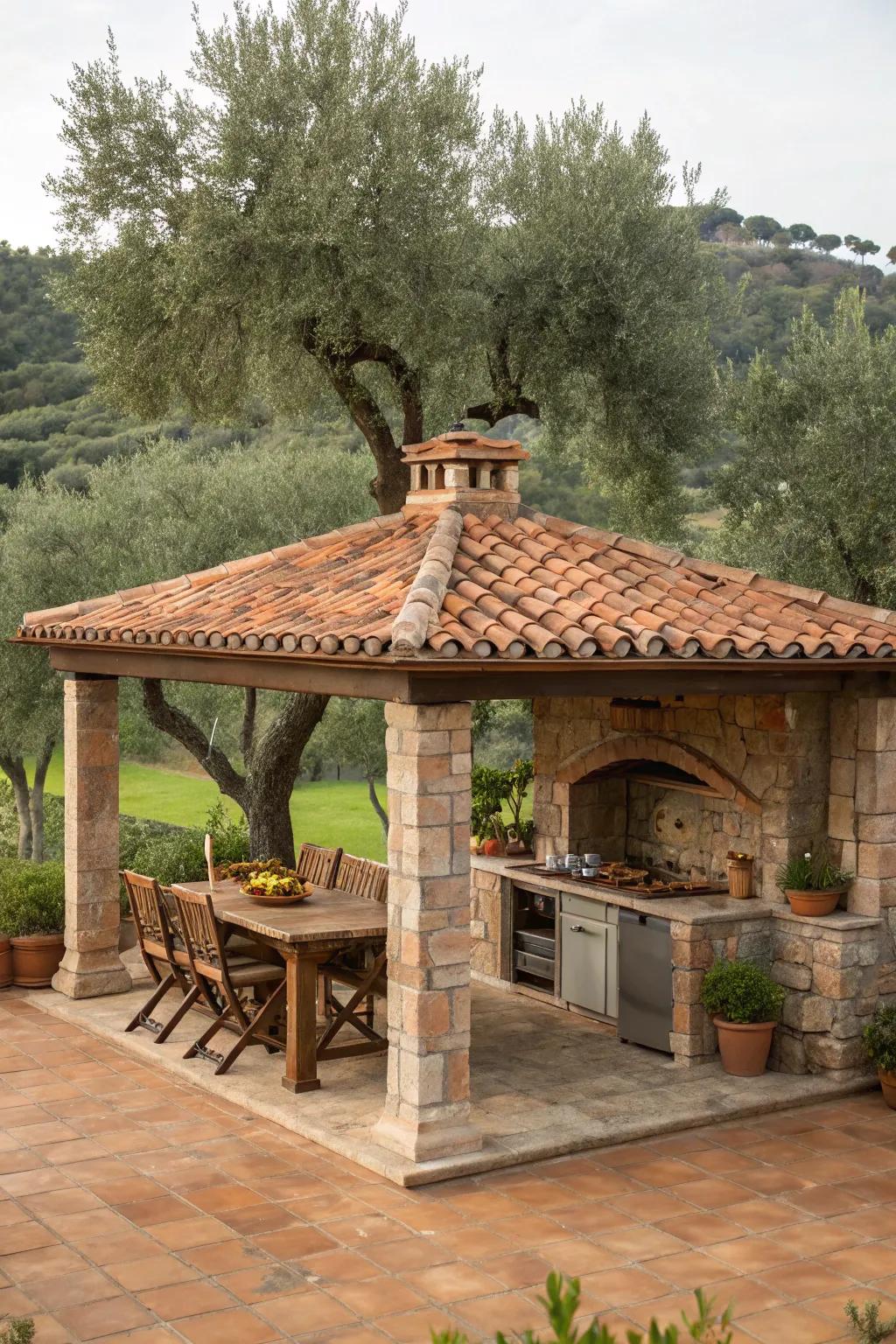 Produce a Mediterranean impression through an elegant outdoor cooking gazebo.