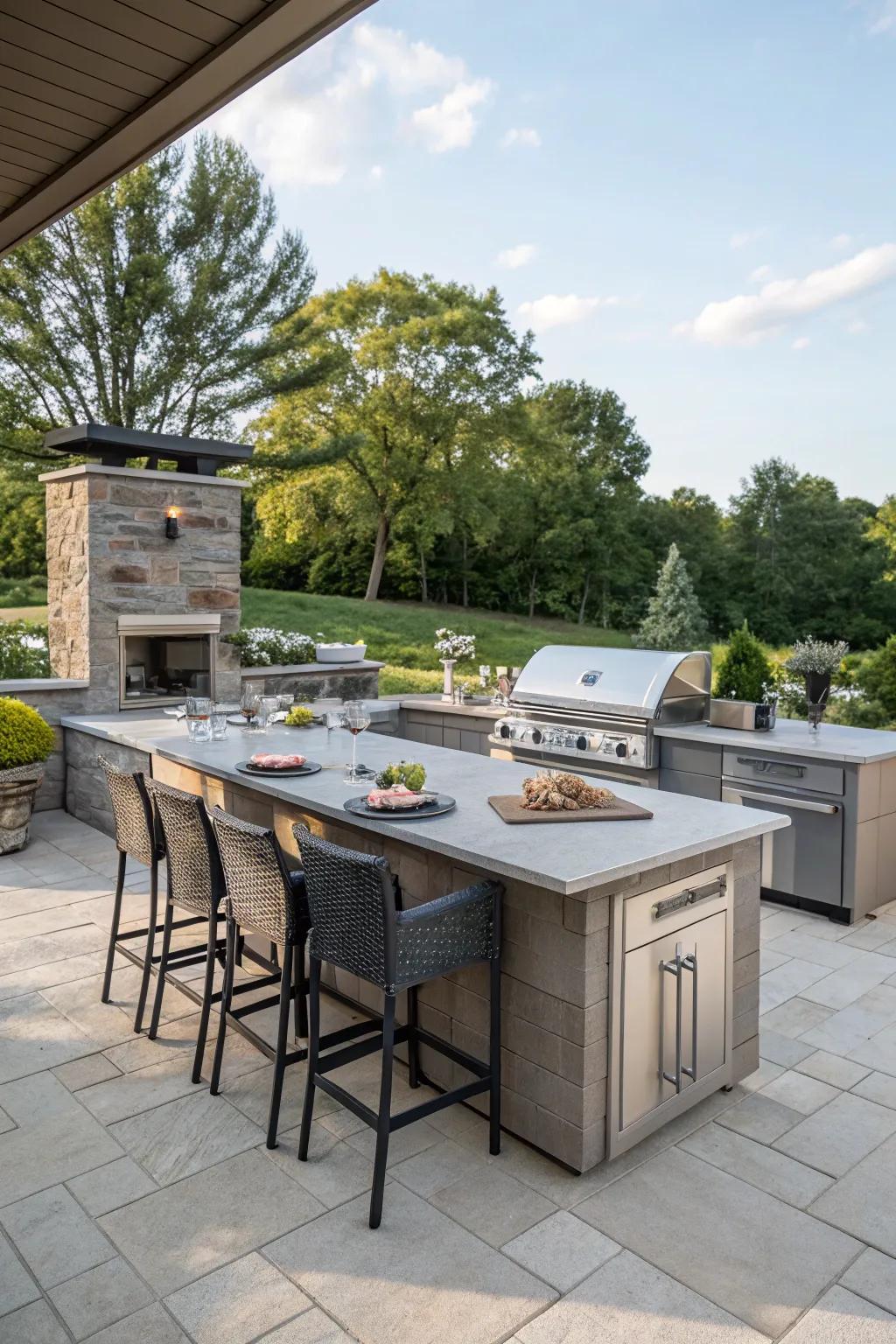A versatile multi-level outdoor kitchen island offering dedicated prep and dining areas.