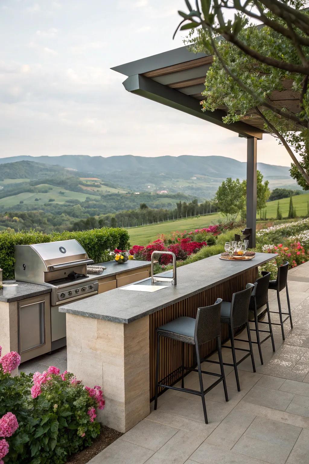 An outdoor kitchen bar with picturesque views of a garden and hills.