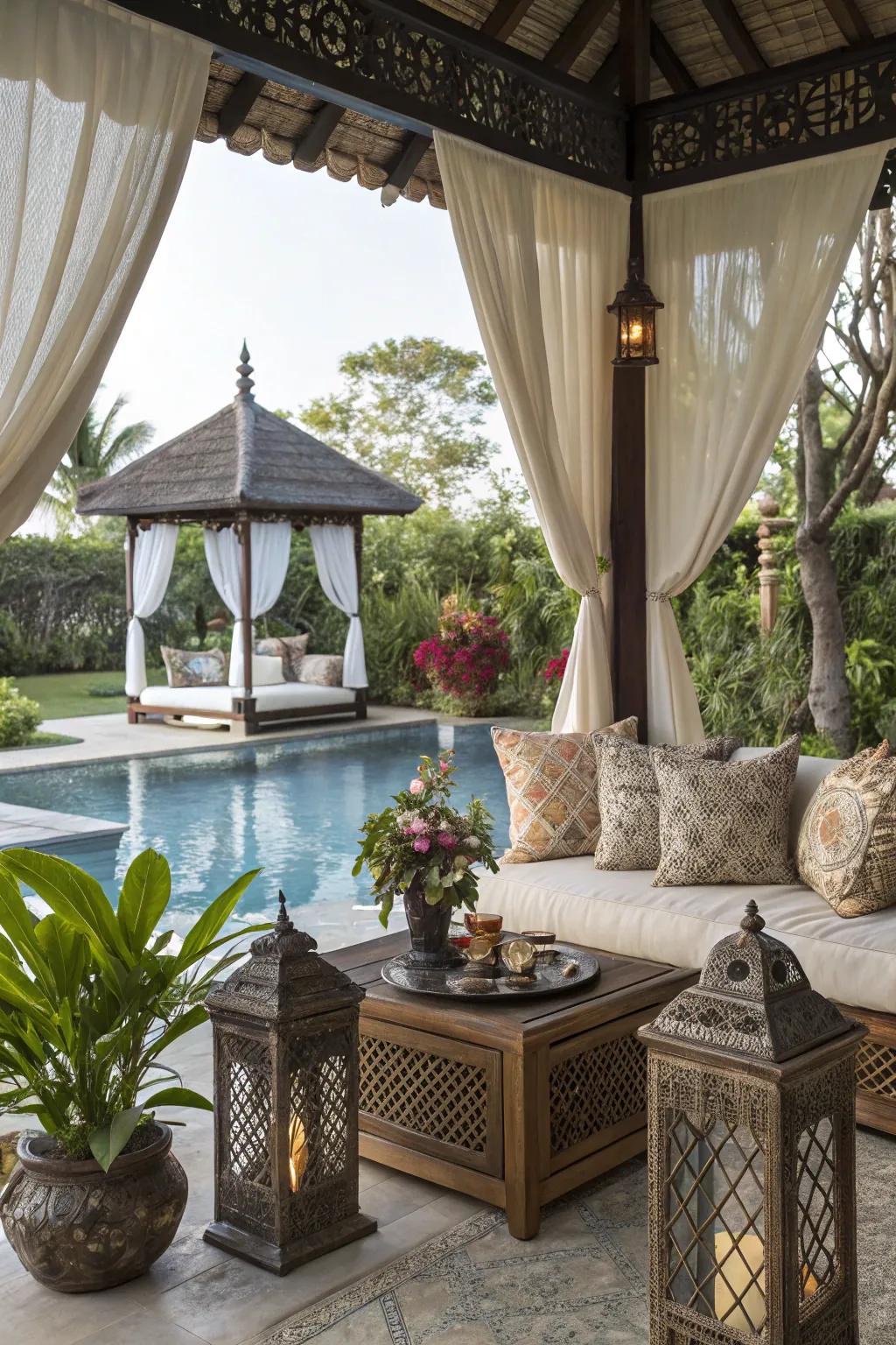 A fashionable shelter provides shade and a serene spot to unwind.