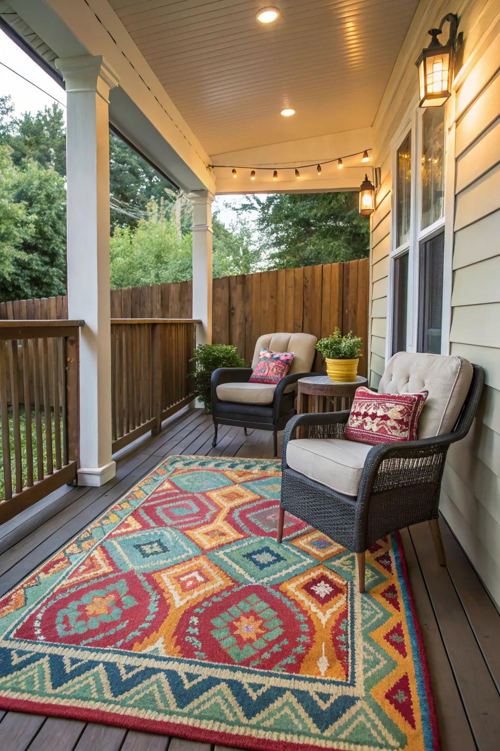 A vibrant outdoor rug unifies the seating arrangement on this porch.