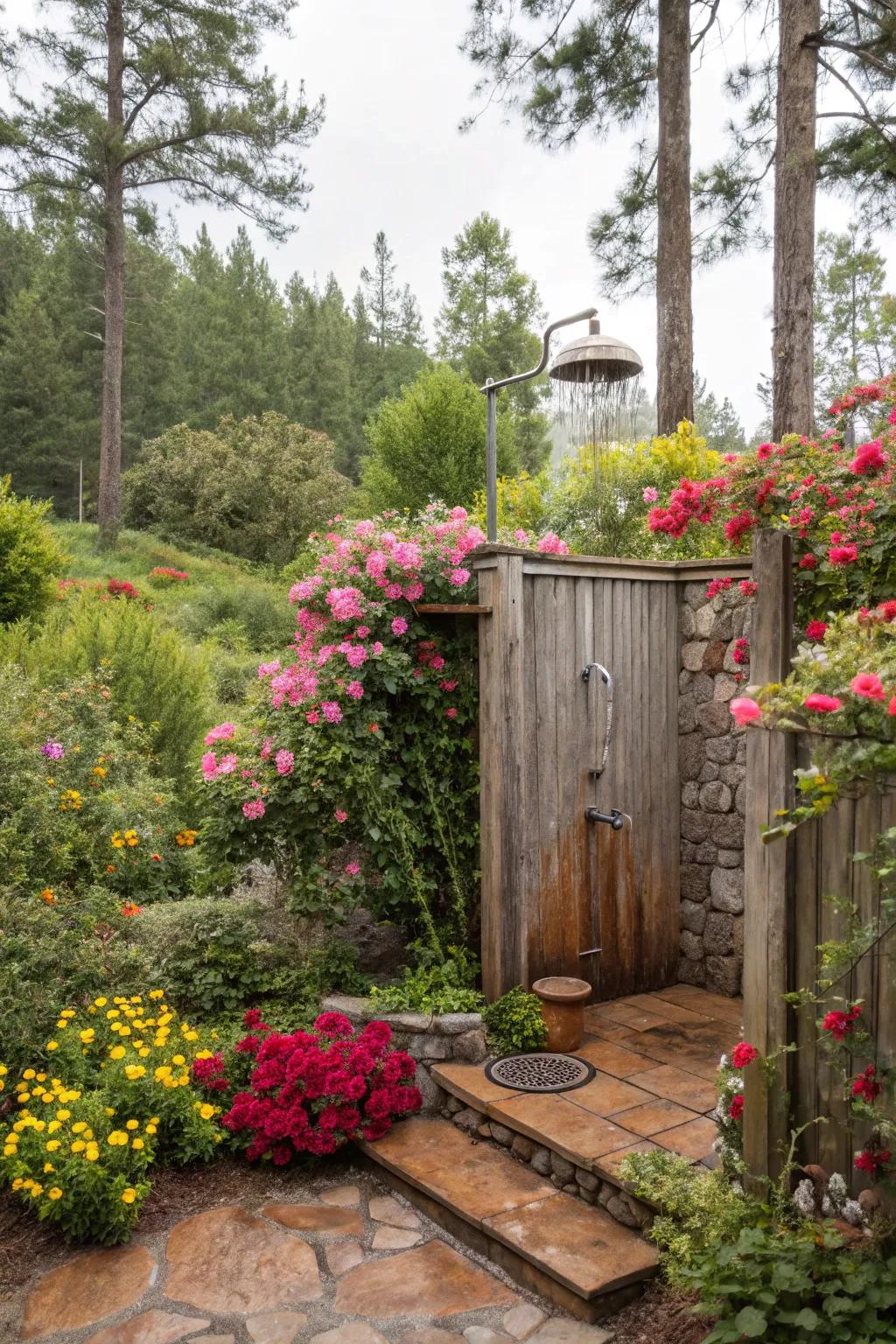 Engage fully with nature through a shower merged with the garden.