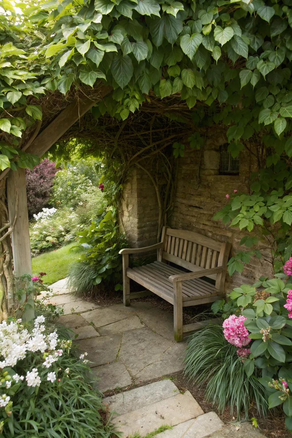 A secret garden alcove proffers a private retreat.