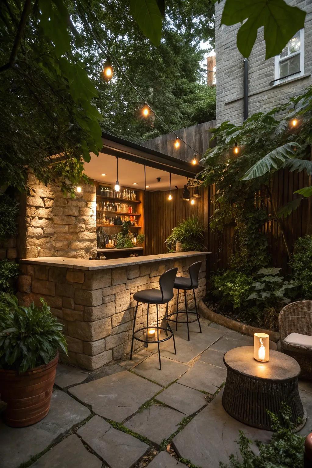 A cozy corner stone bar, ideal for small spaces.
