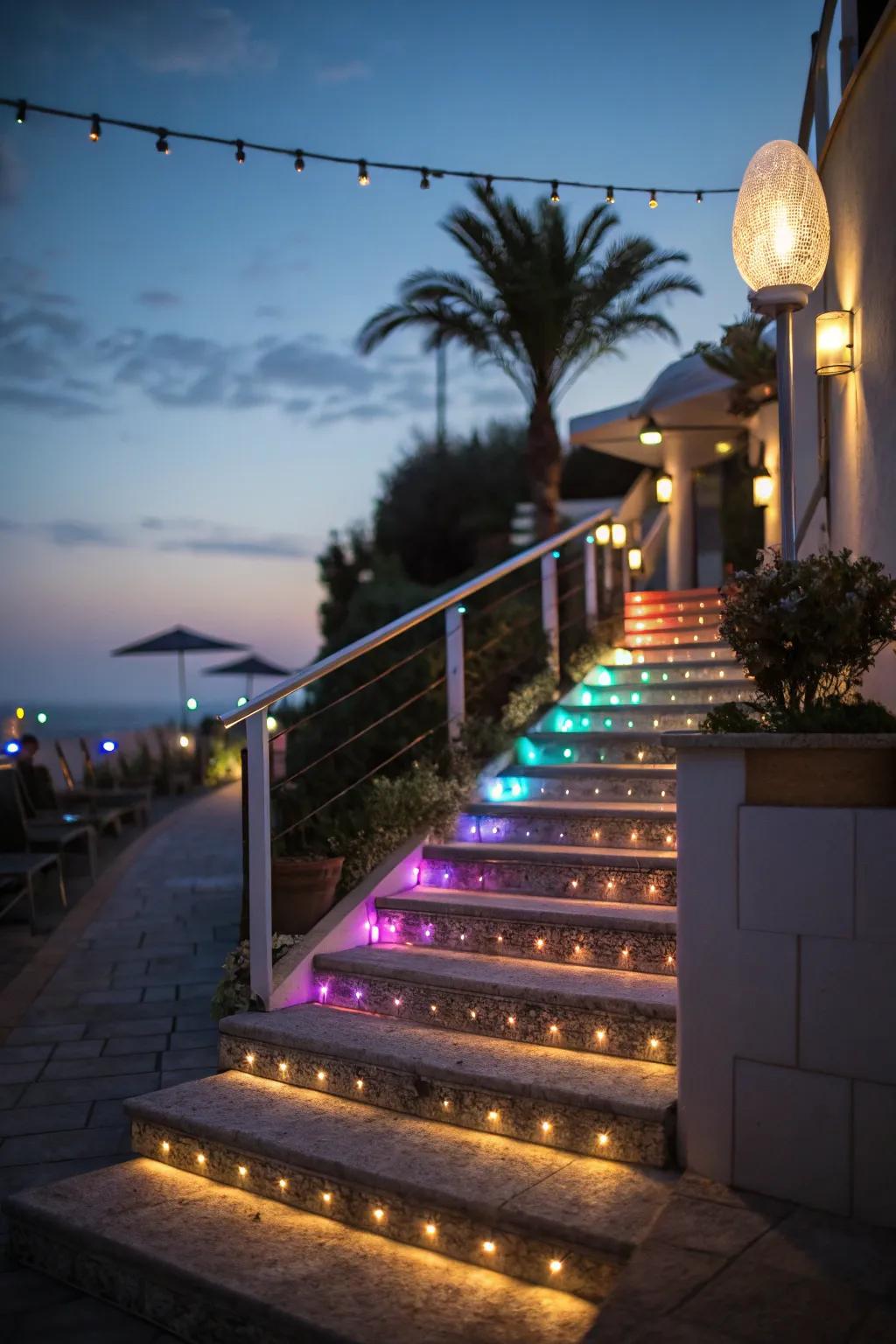 LED lights creating a magical illumination on these steps.