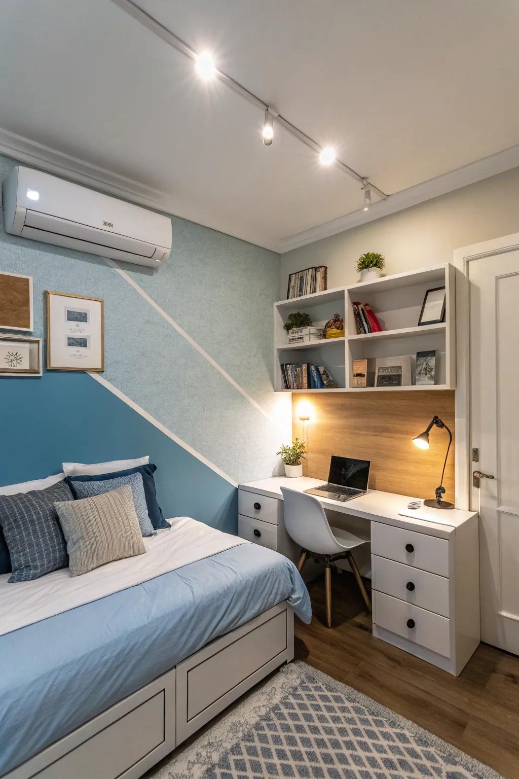 Two-tone walls can contribute dimension and define areas within a small sleeping quarter.