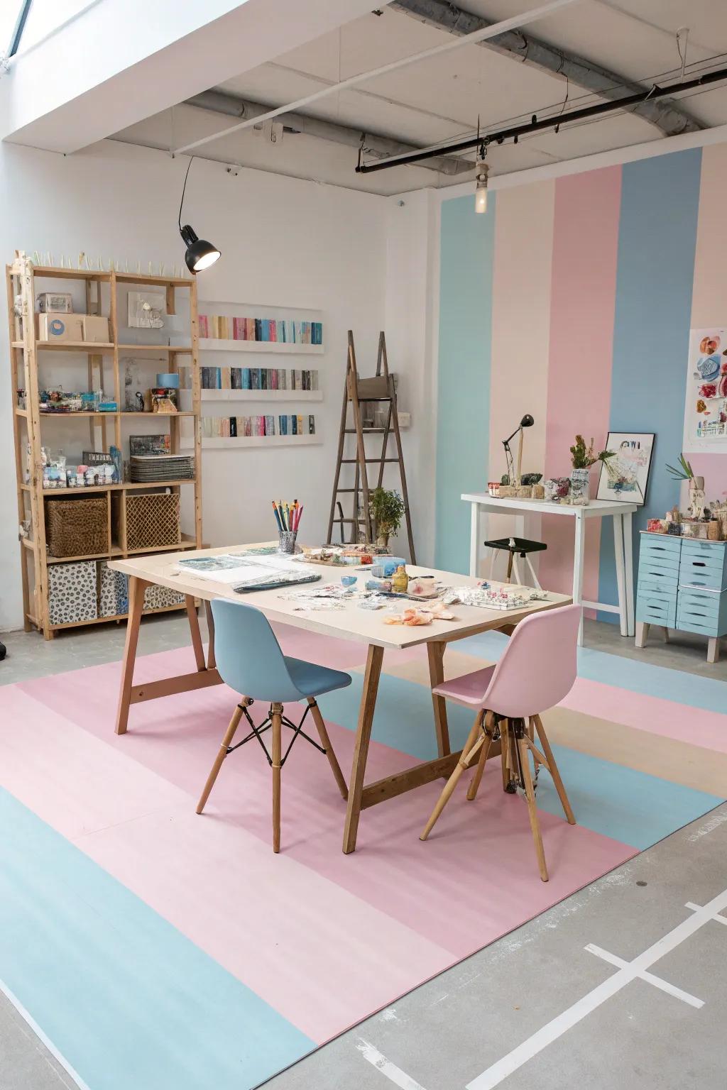 A creative studio space featuring pastel-painted floors, delivering a calming and inspiring environment.