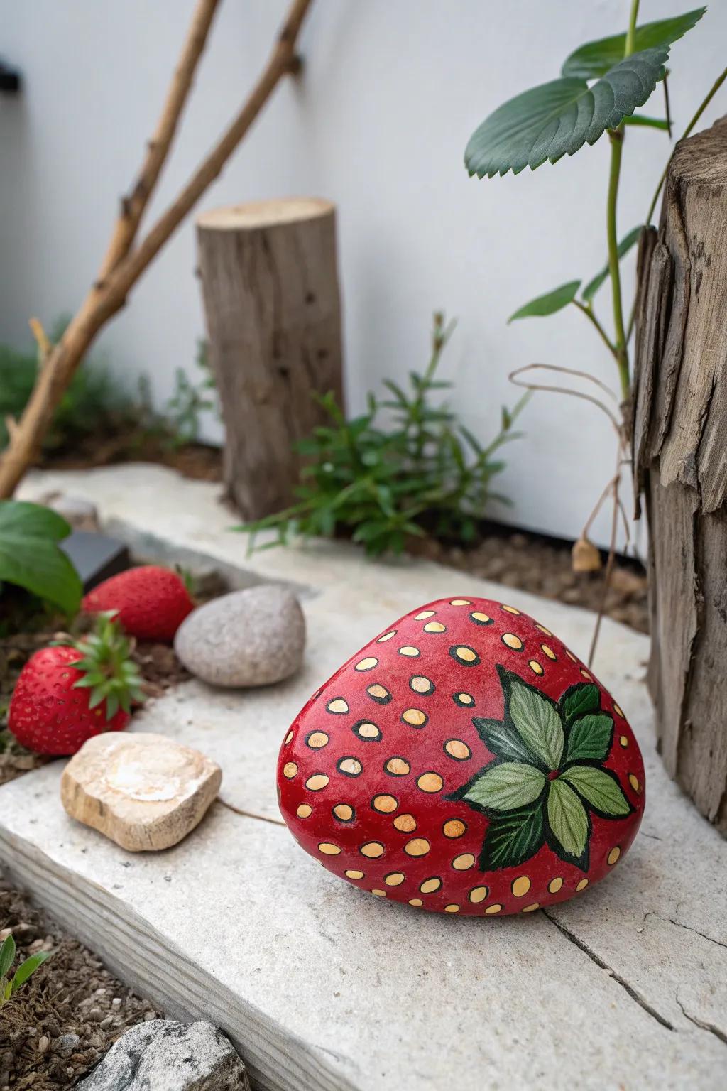 Nature's trickery: A stunning painted rock strawberry for your garden!