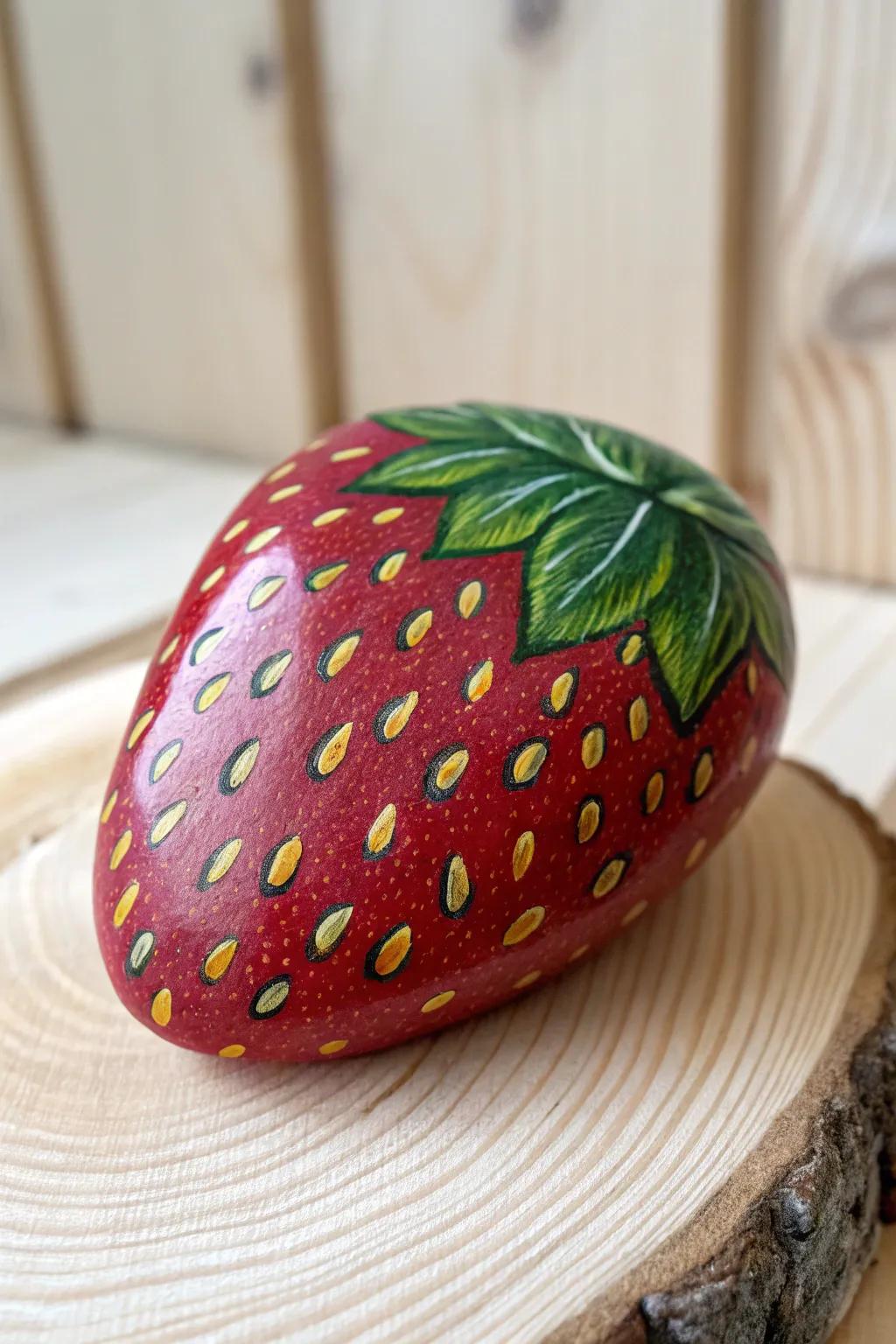 Add a splash of fruity charm to your space with this delightful strawberry-painted rock!